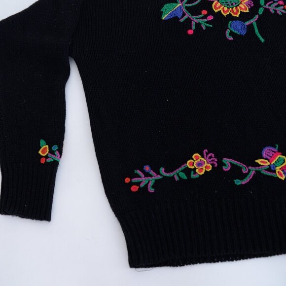 Vintage St Michael Black w Embroidered Floral Knit Mockneck Sweater L - Picture 8 of 12